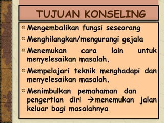   TUJUAN KONSELING Mengembalikan fungsi seseorang  Menghilangkan/mengurangi gejala Menemukan cara lain untuk menyelesaikan masalah. Mempelajari teknik menghadapi dan menyelesaikan masalah. Menimbulkan pemahaman dan  pengertian diri   menemukan jalan keluar bagi masalahnya 