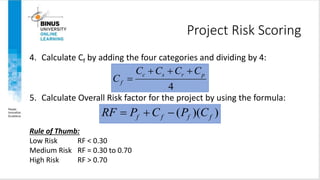 Project Risk Scoring
4. Calculate Cf by adding the four categories and dividing by 4:
5. Calculate Overall Risk factor for the project by using the formula:
Rule of Thumb:
Low Risk RF < 0.30
Medium Risk RF = 0.30 to 0.70
High Risk RF > 0.70
4
c s r p
f
C C C C
C
  

( )( )
f f f f
RF P C P C
  
 