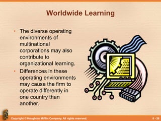 Copyright © Houghton Mifflin Company. All rights reserved. 8 - 26
Worldwide Learning
• The diverse operating
environments of
multinational
corporations may also
contribute to
organizational learning.
• Differences in these
operating environments
may cause the firm to
operate differently in
one country than
another.
 