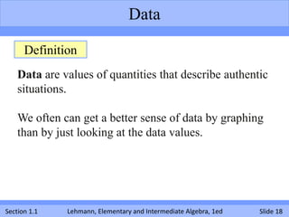 Data

      Definition
    Data are values of quantities that describe authentic
    situations.

    We often can get a better sense of data by graphing
    than by just looking at the data values.




Section 1.1   Lehmann, Elementary and Intermediate Algebra, 1ed   Slide 18
 