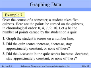 Graphing Data
   Example 7
Over the course of a semester, a student takes five
quizzes. Here are the points he earned on the quizzes,
in chronological order: 0, 4, 7, 9, 10. Let q be the
number of points earned by the student on a quiz.
1. Graph the student’s scores on a number line.
2. Did the quiz scores increase, decrease, stay
   approximately constant, or none of these?
3. Did the increases in the quiz scores increase, decrease,
   stay approximately constant, or none of these?
Section 1.1   Lehmann, Elementary and Intermediate Algebra, 1ed   Slide 19
 