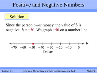 Positive and Negative Numbers

       Solution
    Since the person owes money, the value of b is
    negative: b = −50. We graph −50 on a number line.




Section 1.1   Lehmann, Elementary and Intermediate Algebra, 1ed   Slide 25
 