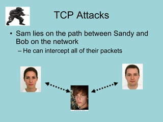 TCP Attacks Sam lies on the path between Sandy and Bob on the network He can intercept all of their packets 