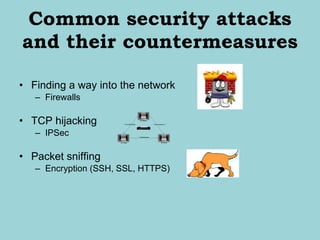 Common security attacks and their countermeasures Finding a way into the network Firewalls TCP hijacking IPSec Packet sniffing Encryption (SSH, SSL, HTTPS) 