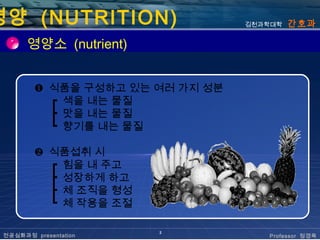 영양 (NUTRITION)                    김천과학대학   간호과

       영양소 (nutrient)


         ❶ 식품을 구성하고 있는 여러 가지 성분
           ┏ 색을 내는 물질
           ┣ 맛을 내는 물질
           ┗ 향기를 내는 물질

         ❷ 식품섭취 시
           ┏ 힘을 내 주고
           ┣ 성장하게 하고
           ┣ 체 조직을 형성
           ┗ 체 작용을 조절

                        2
 전공심화과정 presentation                 Professor 정경옥
 