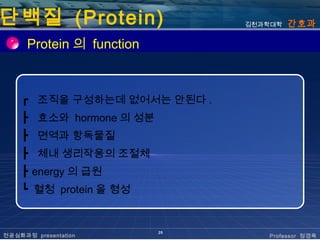 단백질 (Protein)                   김천과학대학   간호과

      Protein 의 function



    ┏ 조직을 구성하는데 없어서는 안된다 .
    ┣ 효소와 hormone 의 성분
    ┣ 면역과 항독물질
    ┣ 체내 생리작용의 조절체
    ┣ energy 의 급원
    ┗ 혈청 protein 을 형성


                           25
전공심화과정 presentation                Professor 정경옥
 