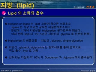 지방 (lipid)                                          김천과학대학    간호과

      Lipid 의 소화와 흡수

   ❹ steapsin or lipase 는 lipid 소화에 중요한 소화효소 .
      ･ lipase 는 가장 주요한 강력한 지질분해효소이다 .
      ･ 한번에 1 개에 지방산을 triglyceride 분자로부터 떼낸다 .
      ･ 이때 전체 lipid 의 1/3~1/2 만 지방산과 glycerol 로 완전히 분해 .

   ❺ triglyceride 의 최종산물 - 지방산 , glycerol, simple glyceride

   ❻ 지방산 , glycerol, triglyceride 는 점막세포를 통해 문맥으로
     직접 흡수 , liver 로 이동 .

   ❼ 섭취되는 지질의 약 95% 가 Duodenum 과 Jejunum 에서 흡수된다 .



                                 46
전공심화과정 presentation                                      Professor 정경옥
 