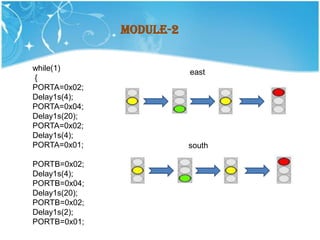 Module-2

while(1)                  east
{
PORTA=0x02;
Delay1s(4);
PORTA=0x04;
Delay1s(20);
PORTA=0x02;
Delay1s(4);
PORTA=0x01;               south

PORTB=0x02;
Delay1s(4);
PORTB=0x04;
Delay1s(20);
PORTB=0x02;
Delay1s(2);
PORTB=0x01;
 