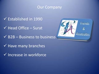 Our Company

 Established in 1990

 Head Office – Surat

 B2B – Business to business

 Have many branches

 Increase ...