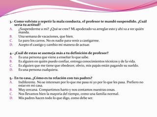 3.- Como volviste a repetir la mala conducta, el profesor te mandó suspendido. ¿Cuál
    sería tu actitud?
A.    ¿Suspenderme a mí? ¿Qué se cree? Mi apoderado va arreglar esto y ahí va a ver quién
      manda.
B.    Una semana de vacaciones, que bien.
C.    Le paro los carros. No es nadie para venir a castigarme.
D.    Acepto el castigo y cambio mi manera de actuar.

4.- ¿Cuál de estas se asemeja más a tu definición de profesor?
A.    Es una persona que viene a enseñar lo que sabe.
B.    Es alguien en quién puedo confiar, entrega conocimientos técnicos y de la vida.
C.    Es alguien que me tiene que obedecer, obvio, mis papás están pagando su sueldo.
D.    Es una persona cualquiera.

5.- En tu casa, ¿Cómo es tu relación con tus padres?
A.    Indiferente. No se interesan por lo que me pasa ni yo por lo que les pasa. Prefiero no
      estar en mi casa.
B.    Muy cercana. Compartimos harto y nos contamos nuestras cosas.
C.    Nos llevamos bien la mayoría del tiempo, como una familia normal.
D.    Mis padres hacen todo lo que digo, como debe ser.
 