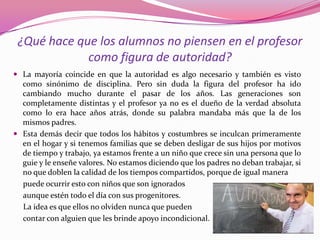 ¿Qué hace que los alumnos no piensen en el profesor
             como figura de autoridad?
 La mayoría coincide en que la autoridad es algo necesario y también es visto
  como sinónimo de disciplina. Pero sin duda la figura del profesor ha ido
  cambiando mucho durante el pasar de los años. Las generaciones son
  completamente distintas y el profesor ya no es el dueño de la verdad absoluta
  como lo era hace años atrás, donde su palabra mandaba más que la de los
  mismos padres.
 Esta demás decir que todos los hábitos y costumbres se inculcan primeramente
  en el hogar y si tenemos familias que se deben desligar de sus hijos por motivos
  de tiempo y trabajo, ya estamos frente a un niño que crece sin una persona que lo
  guie y le enseñe valores. No estamos diciendo que los padres no deban trabajar, si
  no que doblen la calidad de los tiempos compartidos, porque de igual manera
  puede ocurrir esto con niños que son ignorados
  aunque estén todo el día con sus progenitores.
  La idea es que ellos no olviden nunca que pueden
  contar con alguien que les brinde apoyo incondicional.
 