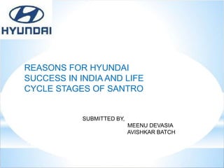 REASONS FOR HYUNDAI
SUCCESS IN INDIA AND LIFE
CYCLE STAGES OF SANTRO
SUBMITTED BY,
MEENU DEVASIA
AVISHKAR BATCH
 