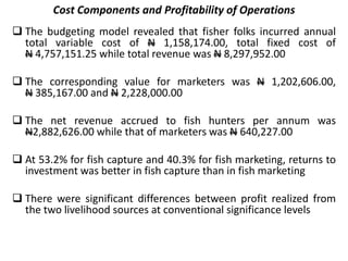Cost Components and Profitability of Operations
 The budgeting model revealed that fisher folks incurred annual
total variable cost of N 1,158,174.00, total fixed cost of
N 4,757,151.25 while total revenue was N 8,297,952.00
 The corresponding value for marketers was N 1,202,606.00,
N 385,167.00 and N 2,228,000.00
 The net revenue accrued to fish hunters per annum was
N2,882,626.00 while that of marketers was N 640,227.00
 At 53.2% for fish capture and 40.3% for fish marketing, returns to
investment was better in fish capture than in fish marketing
 There were significant differences between profit realized from
the two livelihood sources at conventional significance levels
 