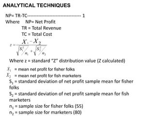 ANALYTICAL TECHNIQUES
NP= TR-TC---------------------------------- 1
Where NP= Net Profit
TR = Total Revenue
TC = Total Cost
2
2
2
1
2
1
1 2
n
S
n
S
z
XX
Where z = standard “Z” distribution value (Z calculated)
1X
2X = mean net profit for fish marketers
= mean net profit for fisher folks
S1 = standard deviation of net profit sample mean for fisher
folks
S2 = standard deviation of net profit sample mean for fish
marketers
n1 = sample size for fisher folks (55)
n2 = sample size for marketers (80)
 