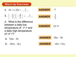 Warm-Up Exercises
ANSWER –7
ANSWER
2
3
1. 18 + (–25) = ?
2. 1
2
– 4
3
– = ?
3. What is the difference
between a daily low
temperature of –5º F and
a daily high temperature
of 18º F?
ANSWER 23º F
4. 7(4a – 8) ANSWER 28a – 56
5. –9(5x – 9y) ANSWER –45x + 81y
 