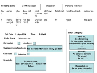 Pending calls CRM manager Occasion Pending reminder
Sn
o
name phn Last call
date
Last
comme
nt
old/new
cust
Total visit recall/feedback salesman
1 Romu
sehgal
8976
1221
2
1st dec
1012
unavail
able
old 11 recall Raj patil
Call Date 21-Apr-2014 Time
Caller Name
√
9:30 AM
Munmun sen
Connected Line busy
Cust comment/Feedback Yes they are interested: kindly get back
Call close Schedule √
Schedule:
Fixed call date:
Date: 21st
mar 2014 Time: 9 PM
Caller:
Script Category:
Hello sir,
Good morning
to you as our machine
mentioned its your birthday
….
………….
Hello sir,
As per your demand
We would
Like to……..
..
Respected sir
As per your complaint
……..
 
