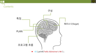 프로그램 흐름
특징
PLAN
구성
Contents
43 | printf(“hello Alzheimer’s n”) ;
페르소나(Target)
 