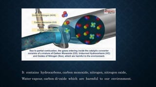 ty
It contains hydrocarbons, carbon monoxide, nitrogen, nitrogen oxide,
Water vapour, carbon di-oxide which are harmful to our environment.
 