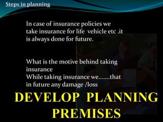 Steps in planning 
In case of insurance policies we 
take insurance for life vehicle etc .it 
is always done for future. 
What is the motive behind taking 
insurance 
While taking insurance we.......that 
in future any damage /loss 
 