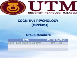 Cognition 
COGNITIVE PSYCHOLOGY 
(MPPE1113) 
Group Members: 
NAME MATRIC NUMBER 
MOHD HILMIE BIN MOHD MOKHTAR MPP141006 
Cognition 7e, Margaret Matlin Chapter 2 
 