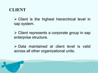 CLIENT 
 Client is the highest hierarchical level in 
sap system. 
 Client represents a corporate group in sap 
enterprise structure. 
 Data maintained at client level is valid 
across all other organizational units. 
 