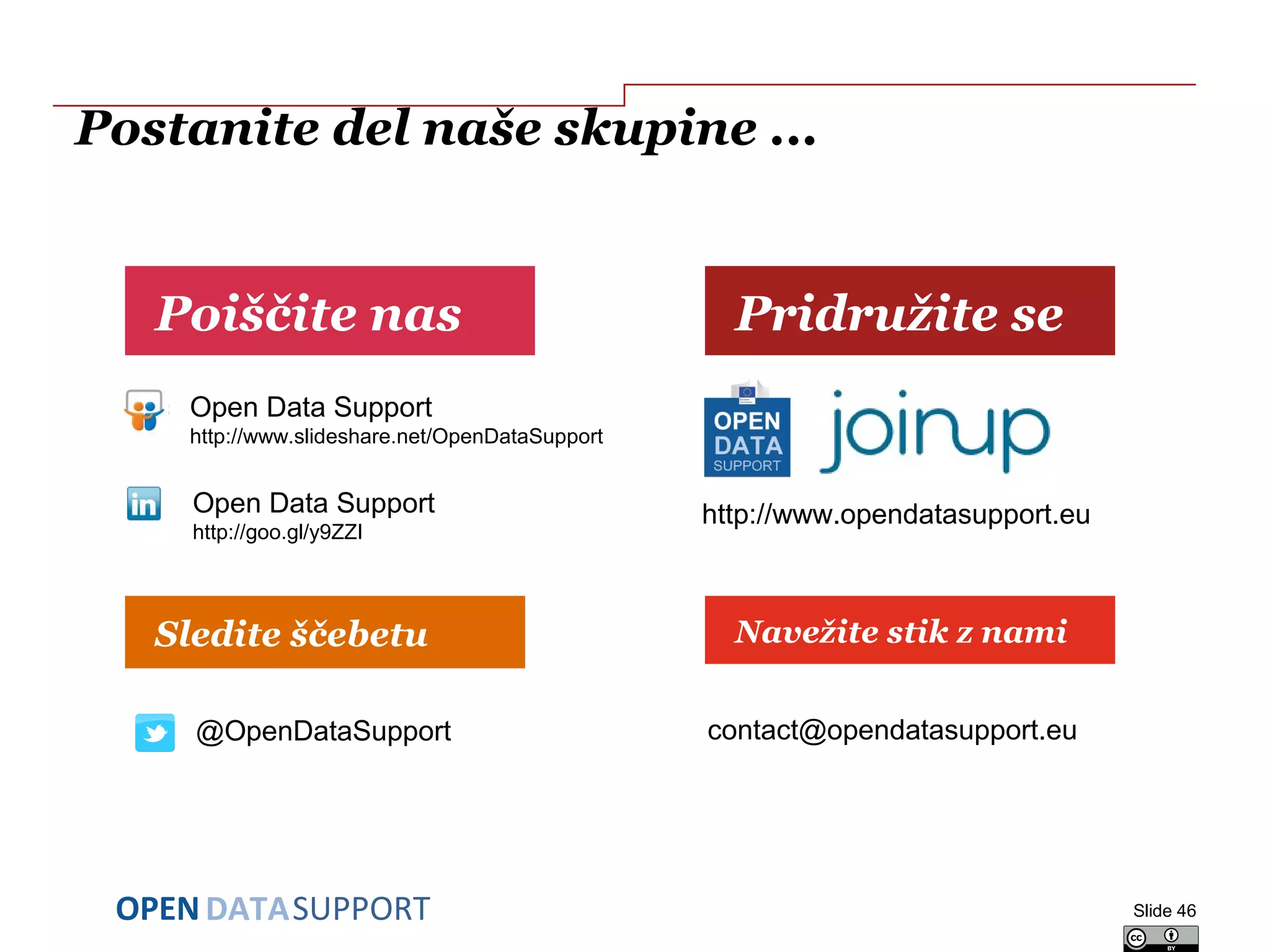 DATASUPPORTOPEN
Postanite del naše skupine ...
Poiščite nas
Navežite stik z nami
Pridružite se
Sledite ščebetu
Open Data Support
http://www.slideshare.net/OpenDataSupport
http://www.opendatasupport.euOpen Data Support
http://goo.gl/y9ZZI
@OpenDataSupport contact@opendatasupport.eu
Slide 46
 