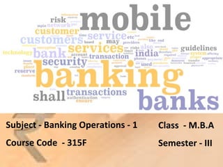 Subject - Banking Operations - 1
Course Code - 315F
Class - M.B.A
Semester - III
 