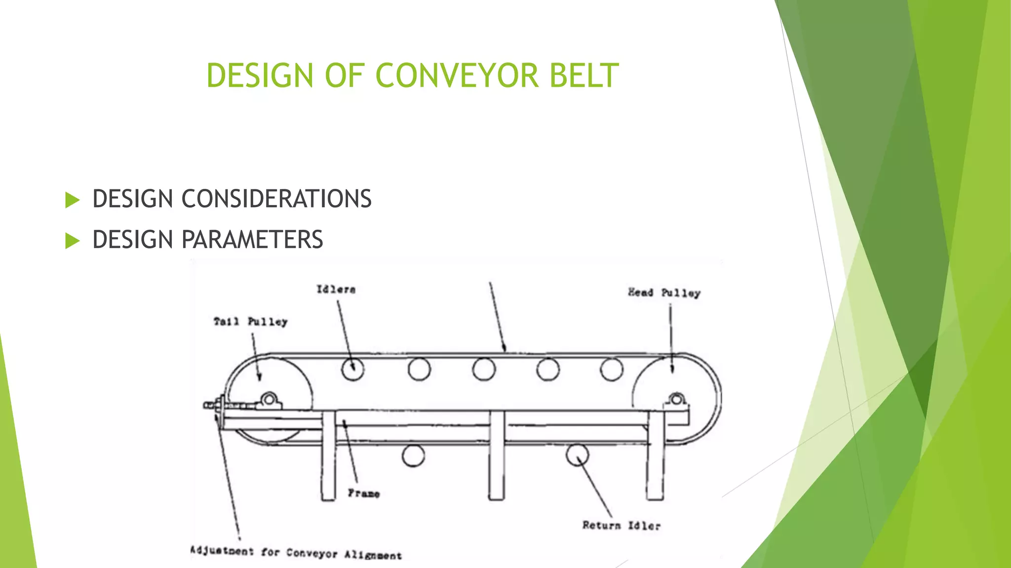 DESIGN OF CONVEYOR BELT
 DESIGN CONSIDERATIONS
 DESIGN PARAMETERS
 