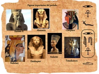 Figuras importantes del período.
Ramsés II CleopatraAkenatón
Nefertiti
Nefertari
Hatshepsut Tutankamon
 