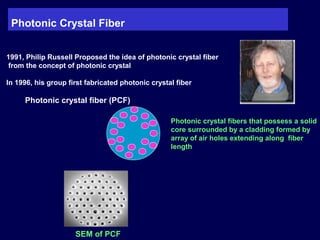 Photonic Crystal Fiber
1991, Philip Russell Proposed the idea of photonic crystal fiber
from the concept of photonic crystal
In 1996, his group first fabricated photonic crystal fiber
Photonic crystal fibers that possess a solid
core surrounded by a cladding formed by
array of air holes extending along fiber
length
Photonic crystal fiber (PCF)
SEM of PCF
 