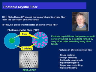 Photonic Crystal Fiber
1991, Philip Russell Proposed the idea of photonic crystal fiber
from the concept of photonic crystal
In 1996, his group first fabricated photonic crystal fiber
Features of photonic crystal fiber
• Single material
• Design flexibility
• Endlessly single mode
• High birefringence
• Dispersion controlling
• High nonlinearity
Photonic crystal fibers that possess a solid
core surrounded by a cladding formed by
array of air holes extending along fiber
length
Photonic crystal fiber (PCF)
SEM of PCF
Core
Cladding
 