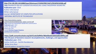 FR
Add a footer 22
http://14.139.205.163:8080/jspui/bitstream/123456789/144/1/2016PGCAIS06.pdf
Title-ENHANCED RSA KEY GENERATION MODELING USING FINGERPRINT BIOMETRIC
Publication year- 2016
Author-neha bansal
Writer-neha bansal
Journal- DEPARTMENT OF COMPUTER APPLICATIONS
NATIONAL INSTITUTE OF TECHNOLOGY
https://www.bedicon.org/wp-
content/uploads/2018/01/laws_topic4_source1.pdf
Title-comparing FINGERPRINT BIOMETRIC authentication
Publication year- 2017
Author-obi ogbanufe
Writer-dan j kim
Journal-Decision Support Systems
and Electronic Commerce
https://pdfs.semanticscholar.org/dc97/ceb1faf945e780a92be651b022a82e3bff5a.pdf
Title-50 years of biometric research: Accomplishments, challenges, and opportunities
Publication year- 2016
Author-AnilK.Jain , Karthik Nandakumar
Writer-Arun Ross
Journal-pattern recognition letters
 