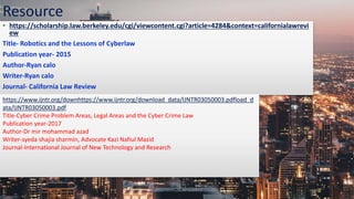 FR
.
Add a footer 6
Resource
• https://scholarship.law.berkeley.edu/cgi/viewcontent.cgi?article=4284&context=californialawrevi
ew
Title- Robotics and the Lessons of Cyberlaw
Publication year- 2015
Author-Ryan calo
Writer-Ryan calo
Journal- California Law Review
https://www.ijntr.org/downhttps://www.ijntr.org/download_data/IJNTR03050003.pdfload_d
ata/IJNTR03050003.pdf
Title-Cyber Crime Problem Areas, Legal Areas and the Cyber Crime Law
Publication year-2017
Author-Dr mir mohammad azad
Writer-syeda shajia sharmin, Advocate Kazi Nafiul Mazid
Journal-International Journal of New Technology and Research
 