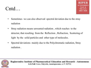 Cntd…
• Sometimes we can also observed spectral deviation due to the stray
radiation
• Stray radiation means unwanted radiation , which reaches to the
detector, that resulting from the Reflection , Refraction, Scattering of
light by the solid particles and other type of molecules.
• Spectral deviations mainly due to the Polychromatic radiation, Stray
radiation .
 