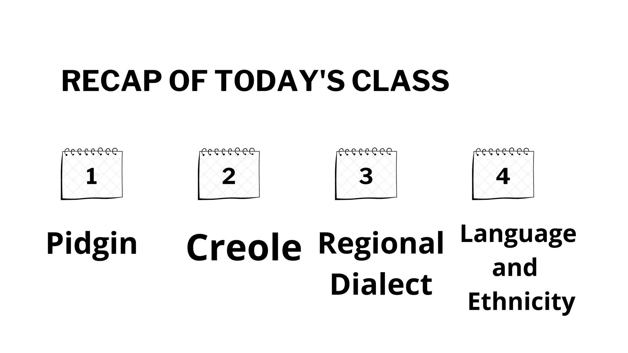 RECAP OF TODAY'S CLASS
1 2 3 4
Creole Regional
Dialect
Language
and
Ethnicity
Pidgin
 