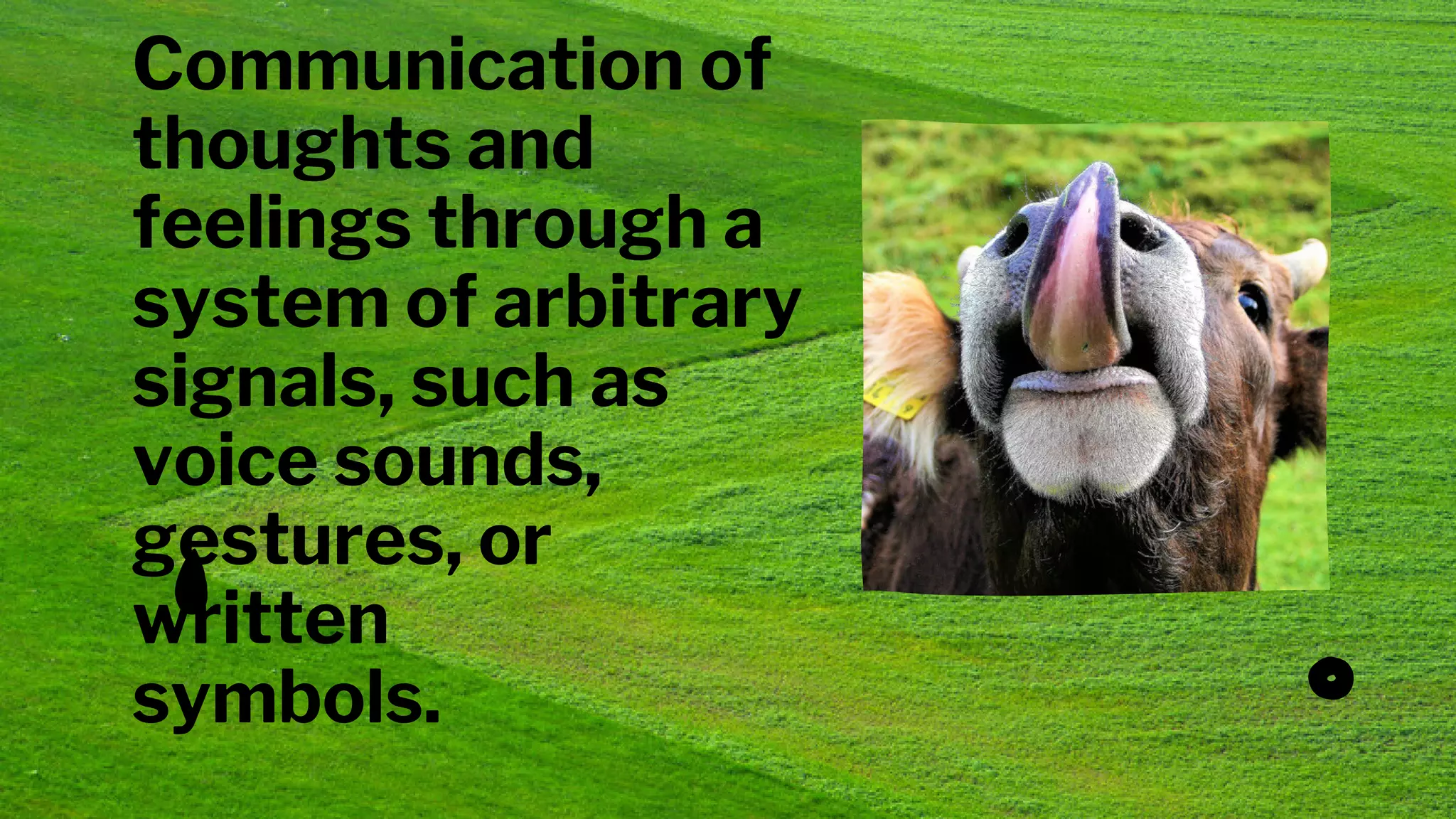 Communication of
thoughts and
feelings through a
system of arbitrary
signals, such as
voice sounds,
gestures, or
written
symbols.
 