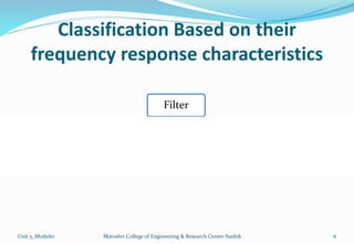 Classification Based on their
frequency response characteristics
Filter
Low Pass
Filter
High Pass
Filter
Band Pass
Filter
Band Stop
Filter
All Pass
Unit 5_Module1 Matoshri College of Engineering & Research Center Nashik 6
 