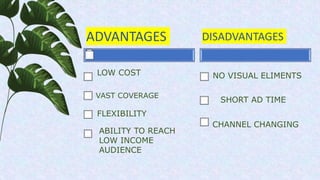 ADVANTAGES
VAST COVERAGE
DISADVANTAGES
NO VISUAL ELIMENTS
SHORT AD TIME
CHANNEL CHANGING
LOW COST
ABILITY TO REACH
LOW INCOME
AUDIENCE
FLEXIBILITY
 