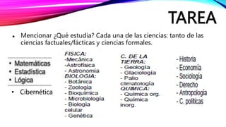 TAREA
● Mencionar ¿Qué estudia? Cada una de las ciencias: tanto de las
ciencias factuales/fácticas y ciencias formales.
• Cibernética
 