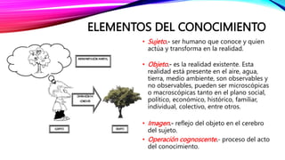 ELEMENTOS DEL CONOCIMIENTO
• Sujeto.- ser humano que conoce y quien
actúa y transforma en la realidad.
• Objeto.- es la realidad existente. Esta
realidad está presente en el aire, agua,
tierra, medio ambiente, son observables y
no observables, pueden ser microscópicas
o macroscópicas tanto en el plano social,
político, económico, histórico, familiar,
individual, colectivo, entre otros.
• Imagen.- reflejo del objeto en el cerebro
del sujeto.
• Operación cognoscente.- proceso del acto
del conocimiento.
 