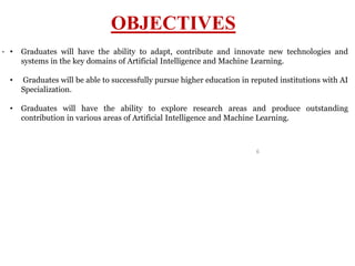 OBJECTIVES
.
6
• Graduates will have the ability to adapt, contribute and innovate new technologies and
systems in the key domains of Artificial Intelligence and Machine Learning.
• Graduates will be able to successfully pursue higher education in reputed institutions with AI
Specialization.
• Graduates will have the ability to explore research areas and produce outstanding
contribution in various areas of Artificial Intelligence and Machine Learning.
 