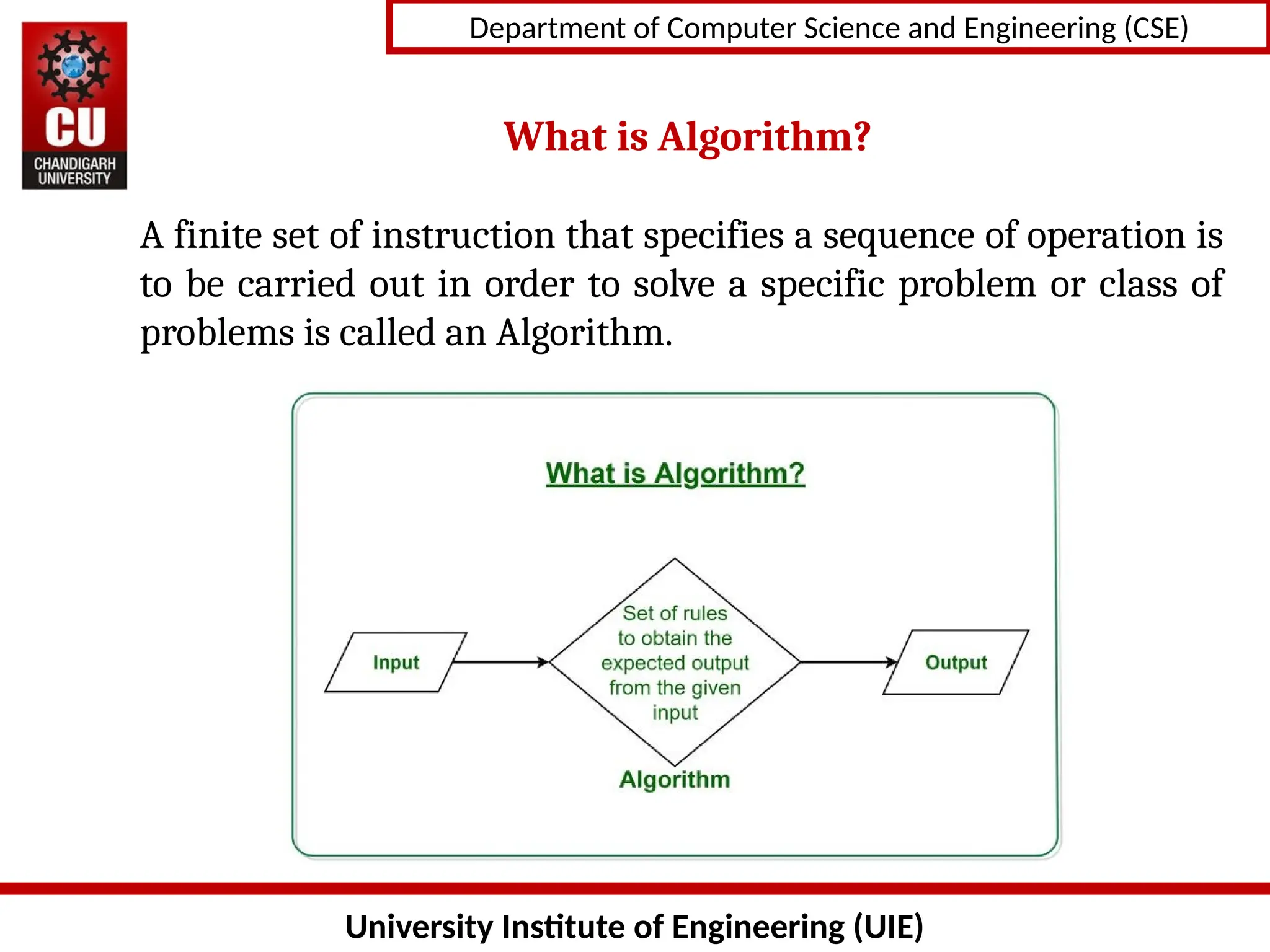 University Institute of Engineering (UIE)
Department of Computer Science and Engineering (CSE)
What is Algorithm?
A finite set of instruction that specifies a sequence of operation is
to be carried out in order to solve a specific problem or class of
problems is called an Algorithm.
 