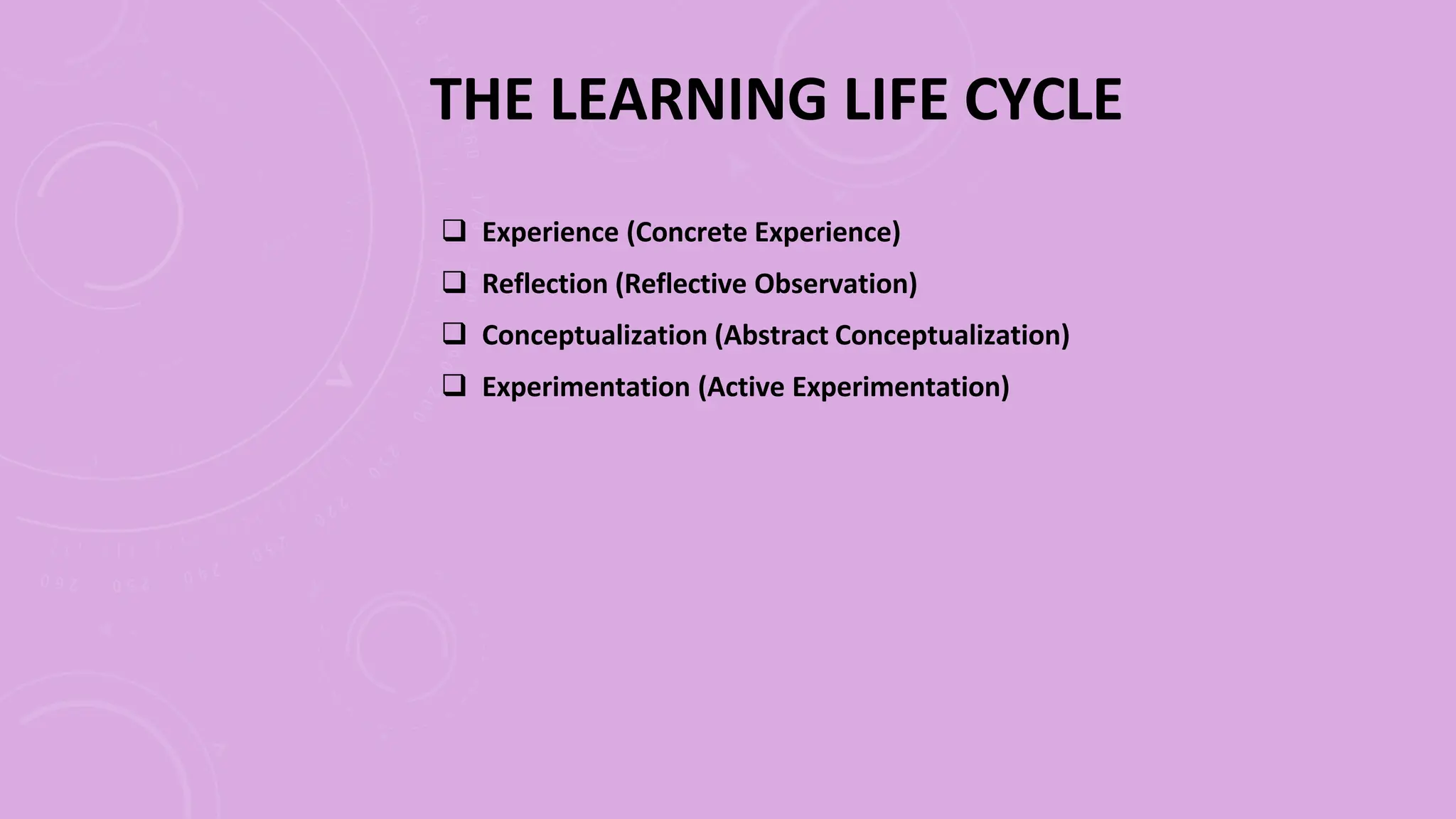 THE LEARNING LIFE CYCLE
 Experience (Concrete Experience)
 Reflection (Reflective Observation)
 Conceptualization (Abstract Conceptualization)
 Experimentation (Active Experimentation)
 
