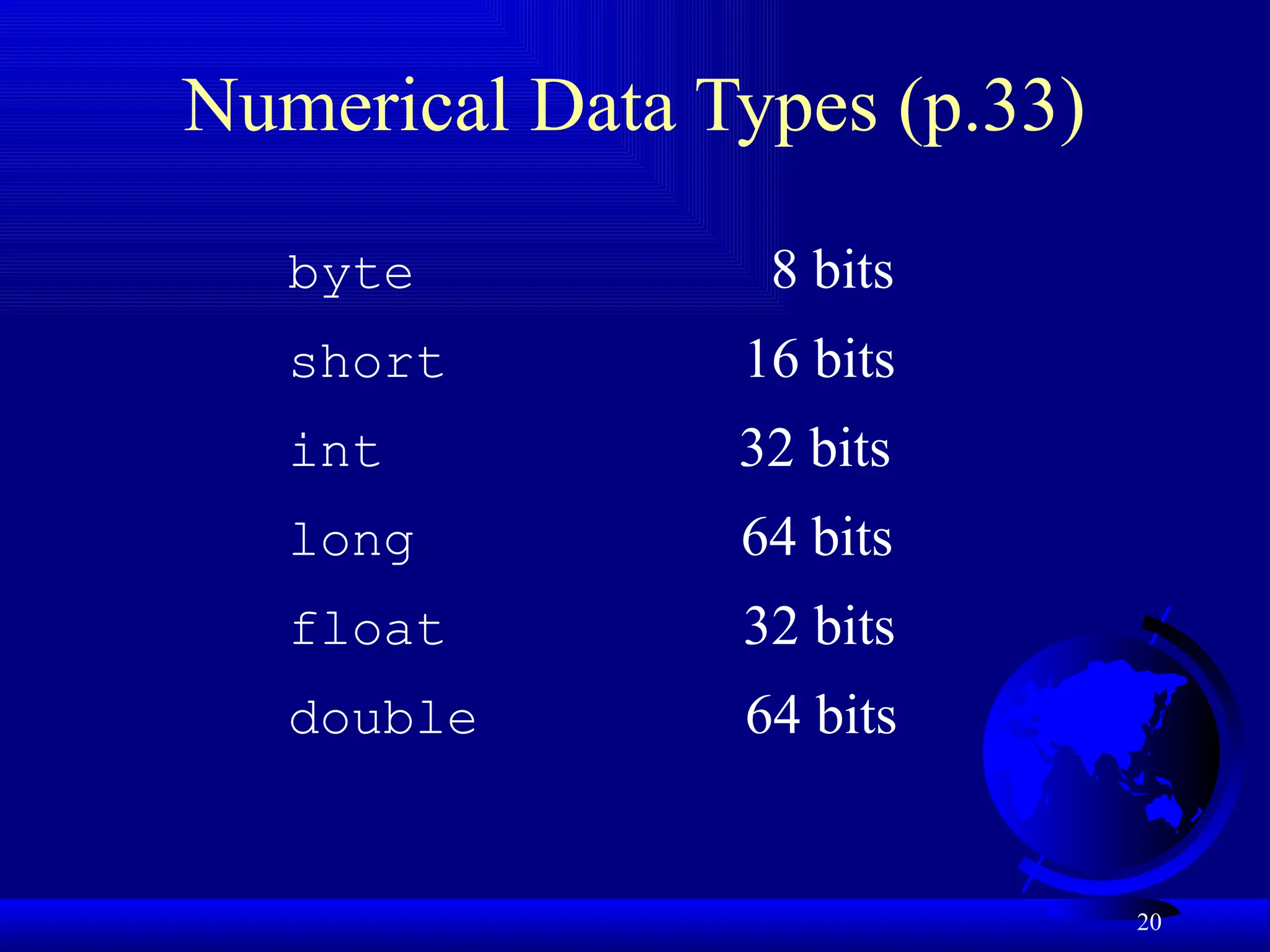 20
Numerical Data Types (p.33)
byte 8 bits
short 16 bits
int 32 bits
long 64 bits
float 32 bits
double 64 bits
 