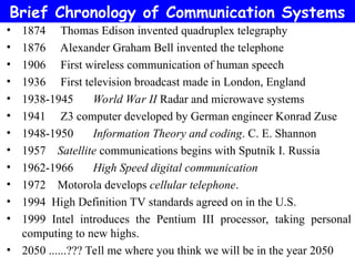 • 1874 Thomas Edison invented quadruplex telegraphy
• 1876 Alexander Graham Bell invented the telephone
• 1906 First wireless communication of human speech
• 1936 First television broadcast made in London, England
• 1938-1945 World War II Radar and microwave systems
• 1941 Z3 computer developed by German engineer Konrad Zuse
• 1948-1950 Information Theory and coding. C. E. Shannon
• 1957 Satellite communications begins with Sputnik I. Russia
• 1962-1966 High Speed digital communication
• 1972 Motorola develops cellular telephone.
• 1994 High Definition TV standards agreed on in the U.S.
• 1999 Intel introduces the Pentium III processor, taking personal
computing to new highs.
• 2050 ......??? Tell me where you think we will be in the year 2050
Brief Chronology of Communication Systems
 