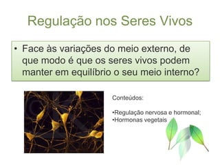 Regulação nos Seres Vivos
• Face às variações do meio externo, de
  que modo é que os seres vivos podem
  manter em equilíbrio o seu meio interno?

                      Conteúdos:

                      •Regulação nervosa e hormonal;
                      •Hormonas vegetais
 
