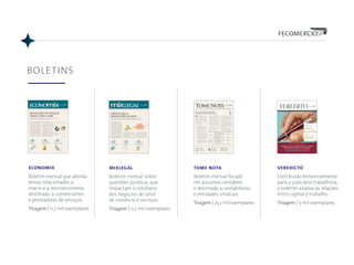 BOLETINS
5+20+37+38+t62+5+16+14+3+t
DEVOLUÇÃO DE CHEQUES
CRESCE COM A CRISE
i n f o r m a t i v o e m p r e s a r i a l | s e t e m b r o d e 2 0 1 5 | e d i ç ã o n º 6 6
no primeiro semestre do ano, porcentual ficou em 2,19%, o segundo pior resultado
do período, perdendo apenas para 2009, quando atingiu 2,3%
pág.04pág.02 pág.03
VAREJOECONOMIA INVESTIMENTO
Redução das
tarifas bancárias
Queda nos preços de imóveis
chama a atenção
Aumentam reclamações
por problemas em promoções
período de 2014, quando foram compensa-
dos 378,44 milhões de cheques.
No primeiro semestre de 2015, o total
de cheques devolvidos por insuficiência
de fundos foi de 7,453 milhões de cheques,
também representando queda em relação
ao mesmo período do ano passado, 7,906
milhões de cheques.
Essa queda no total de cheques compen-
sados e devolvidos está relacionada ao cres-
cimento da utilização dos cartões de crédito
e débito [veja gráfico].
A alta apresentada no porcentual de
cheques devolvidos por insuficiência de fun-
dos no primeiro semestre de 2015 se deve aos
reflexos da crise econômica atual, em que a
alta da inflação e os aumentos dos juros e
do desemprego têm impactado na capaci-
dade de pagamento das famílias. [ ]
No primeiro semestre, o porcentual de de-
voluções de cheques por insuficiência de
fundos ficou em 2,19%, superando o mesmo
período do ano passado, que foi de 2,09%. O
resultado é o segundo maior para o período
de toda a série histórica, iniciada em 1991,
da Serasa Experian. O maior foi em 2009,
quando o resultado alcançou 2,3%.
Em relação a junho, o porcentual de
devolução de cheques sem fundos foi de
2,02%, superando o mesmo período do ano
passado, de 1,92%. Em comparação ao mês
anterior, o resultado de junho de 2015 apre-
sentou queda, uma vez que o porcentual de
cheques devolvidos em maio foi de 2,29%.
Em relação ao total de cheques compen-
sados, o acumulado do primeiro semestre
de 2015 foi de 340,32 milhões, representando
uma queda em comparação com o mesmo
cheque
transf. de crédito
interbancária
cartão de crédito
cartão de débitodébito direto
*Fonte: Banco Central
Uso dos instrumentos de pagamento* (quantidade)
diagnóstico do sistema de pagamentos
de varejo do brasil – 2014
1999 2014
38%
37%
20%
5%
62%
3%
5%
16%
14%
economix
Boletim mensal que aborda
temas relacionados à
macro e à microeconomia,
destinado a comerciantes
e prestadores de serviços.
Tiragem | 11,7 mil exemplares
projeto de lei nº 106/2011, que tramita na comissão de constituição e justiça
e de cidadania (ccjc), irá facilitar o acesso das micro e pequenas empresas ao crédito
CRÉDITO FÁCIL E
BARATO PARA AS MPES
pág. 04pág. 02 pág. 03
SUSTENTABILIDADEENTIDADE LEGISLAÇÃO
Projeto cria Conselho da
indústria e do comércio
Flexibilização do
intervalo intrajornada
Empresa sustentável
pagará menos imposto
aprofundado, vislumbrou no Projeto de Lei
Complementar (PLP) nº 106/2011, do depu-
tado Esperidião Amim (PP/SC), a oportuni-
dade de reeditar as Sociedades de Garantia
Solidária, em um formato evoluído, ao en-
contro dos fins desejados.
A Federação acredita que as Socieda-
des de Garantia Solidária, nos moldes do
i n f o r m a t i v o e m p r e s a r i a l | s e t e m b r o d e 2 0 1 5 | e d i ç ã o n º 6 6
Com o objetivo de facilitar o acesso ao cré-
dito pelas micro e pequenas empresas, a So-
ciedade de Garantia Solidária (SGS) foi cria-
da em razão da edição da Lei nº 9.841/1999,
responsável por instituir o Estatuto da Mi-
croempresa e da Empresa de Pequeno Porte.
Com a promulgação da Lei Complementar
nº 123/2006, o novo Estatuto revogou a
SGS e estabeleceu a Sociedade de Garan-
tia de Crédito, formato que teria a mesma
finalidade – facilitar o acesso ao crédito –,
mediante prestação de garantias em favor
das MPEs, mas que não atende plenamente
essa necessidade por suas limitações jurídi-
cas, como quadro social e impedimento de
captação de recursos por meio de emissão
de títulos.
Assim, considerando as características
do modelo atualmente em vigor e conscien-
te da importância das MPEs para a econo-
mia, a FecomercioSP, por meio de um estudo
PLP nº 106/2011, representam importante
e oportuna ferramenta de facilitação de
acesso ao capital, capaz de somar gran-
des esforços para o desenvolvimento das
MPEs e ainda de estimular a diversifica-
ção de investimentos, por essa razão, a
Entidade se posiciona absolutamente fa-
vorável à aprovação. [ ]
mixlegal
Boletim mensal sobre
questões jurídicas que
impactam o cotidiano
dos negócios do setor
de comércio e serviços.
Tiragem | 11,7 mil exemplares
| b o l e t i m j u r í d i c o | a g o s t o / s e t e m b r o d e 2 0 1 5 | n ú m e r o 2 7 |
em recentes entendimentos
do tst, veriﬁcaram-se
duas decisões, em parte
contraditórias, no tocante à
indivisibilidade do bem imóvel
página 5fato em análise
EXECUÇÃO TRABALHISTA E O BEM
DE FAMÍLIA: QUAL O LIMITE?
PRECEDENTES DA JUSTIÇA DO TRABALHO TÊM AUTORIZADO
A EXECUÇÃO DE BENS DE EMPRESÁRIOS MALSUCEDIDOS
volta-se a falar na introdução
do imposto sobre grandes
fortunas no “esclerosado”
sistema tributário brasileiro.
página 8visão
açõ e s de p e n h o ra n a j u st i ç a do t ra ba l h o
tome nota
Boletim mensal focado
em assuntos contábeis
e destinado a contabilistas
e entidades sindicais.
Tiragem | 25,2 mil exemplares
Como funciona o Plano
de Proteção ao Emprego
TIRE SUAS
DÚVIDAS
2 Vínculo empregatício
é negado a gerente
DIRETO DO
TRIBUNAL
4 MP 685 traz nova
obrigação acessória
TRIBUNA
CONTÁBIL
5
i n f o r m a t i v o e m p r e s a r i a l a o s c o n t a b i l i s t a s | s e t e m b r o d e 2 0 1 5 | e d i ç ã o n º 1 4 4
eSocial – Sistema de Escrituração Di-
gital das Obrigações Fiscais, Previ-
denciárias e Trabalhistas – é um instrumen-
toparaunificaraprestaçãodasinformações
referentes à escrituração das obrigações
fiscais, previdenciárias e trabalhistas, que
padroniza sua transmissão, validação, ar-
mazenamento e distribuição, constituindo
Ambiente Nacional.
Tal instrumento será composto pelas
seguintes informações:
• dados cadastrais dos empregadores, in-
clusive domésticos, da empresa e equi-
parados e dos segurados especiais;
• dados cadastrais e contratuais de tra-
balhadores, incluídos os relacionados
ao registro de empregados;
• dados cadastrais, funcionais e remu-
neratórios dos servidores titulares de
cargos efetivos amparados em regime
próprio de previdência social, de todos
os poderes, órgãos e entidades do res-
pectivo ente federativo, suas autar-
quias e fundações, dos magistrados,
dos membros do Tribunal de Contas,
dos membros do Ministério Público e
dos militares;
• dados cadastrais dos dependentes dos
empregados,inclusivedomésticos,dos
trabalhadores avulsos e dos segurados
dos regimes geral e próprios de previ-
dência social;
DIVULGADO CRONOGRAMA
DE IMPLANTAÇÃO DO ESOCIAL
• dados relacionados às comunicações
de acidente de trabalho, às condições
ambientais do trabalho e do monitora-
mento da saúde do trabalhador e dos
segurados do regime próprio;
• dados relacionados à folha de paga-
mento e outros fatos geradores, bases
de cálculo e valores devidos de contri-
buições previdenciárias, contribuições
sociais de que trata a Lei Complemen-
tar nº 110/2001, contribuições sindi-
cais, FGTS e imposto sobre renda retido
na fonte;
• outras informações de interesse dos
órgãos e entidades integrantes do Co-
mitê Gestor do eSocial, no âmbito de
suas competências.
As micros e pequenas empresas terão à
disposição, no ambiente do eSocial, sistema
eletrônico online gratuito para inserção de
dados, geração e transmissão de arquivos. Já
o Microempreendedor Individual (MEI) terá
módulo específico.
Segue abaixo cronograma de implanta-
ção e prazo de envio das informações.
As informações prestadas substituirão,
na forma e no prazo a serem divulgados, a
entrega das mesmas informações na Guia
de Recolhimento do FGTS e Informações à
Previdência Social (GFIP) e em outros for-
mulários e declarações a que estão sujeitos
os empregadores.
Informações poderão ser conferidas no
portal eletrônico www.esocial.gov.br. [ ]
O
empregador informações competência prazo de envio
Empregador com
faturamento acima de
R$ 78 milhões em 2014
Informações em geral, exceto os
dados sobre ambiente, saúde e
acidente do trabalhador 9/2016 7/10/2016
Tabela de ambientes de trabalho,
comunicação de acidente de
trabalho, monitoramento da
saúde do trabalhador e condições
ambientais do trabalho 1/2017 7/2/2017
Demais empregadores,
inclusive MEI, ME, EPP,
empregador doméstico,
segurado especial e
produtor rural
Informações em geral, exceto os
dados sobre ambiente, saúde e
acidente do trabalhador 1/2017 7/2/2017
Tabela de ambientes de trabalho,
comunicação de acidente de
trabalho, monitoramento da
saúde do trabalhador e condições
ambientais do trabalho 7/2017 7/8/2017
veredicto
Distribuído bimestralmente
para o judiciário trabalhista,
o boletim analisa as relações
entre capital e trabalho.
Tiragem | 5 mil exemplares
 