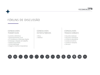 FÓRUNS DE DISCUSSÃO
conselhos
temáticos
ÿ Comércio Eletrônico
ÿ Desenvolvimento Local
ÿ IT Compliance e Educação Digital.
ÿ Emprego e relações do trabalho.
ÿ Superior de Direito
ÿ Sustentabilidade
ÿ Viagens e Eventos Corporativos
conselhos
estatutários
ÿ Ética
ÿ Arbitral
conselhos
tradicionais
ÿ Assuntos Sindicais
ÿ Assuntos Tributários
ÿ Comércio Atacadista
ÿ Comércio Externo
ÿ Comércio Varejista
ÿ Serviços
 