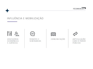 INFLUÊNCIA E MOBILIZAÇÃO
assessoria
econômica
e jurídica
comunicaçãodebates e
seminários
articulação
com o poder
público
 
