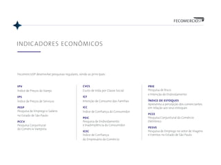 INDICADORES ECONÔMICOS
FecomercioSP desenvolve pesquisas regulares, sendo as principais:
ipv
Índice de Preços do Varejo
ips
Índice de Preços de Serviços
pesp
Pesquisa de Emprego e Salário
no Estado de São Paulo
pccv
Pesquisa Conjuntural
do Comércio Varejista
cvcs
Custo de Vida por Classe Social
icf
Intenção de Consumo das Famílias
icc
Índice de Confiança do Consumidor
peic
Pesquisa de Endividamento
e Inadimplência do Consumidor
icec
Índice de Confiança
do Empresário do Comércio
prie
Pesquisa de Risco
e Intenção de Endividamento
índice de estoques
Apresenta a percepção dos comerciantes
em relação aos seus estoques
pcce
Pesquisa Conjuntural do Comércio
Eletrônico
pesve
Pesquisa de Emprego no setor de Viagens
e Eventos no Estado de São Paulo
 